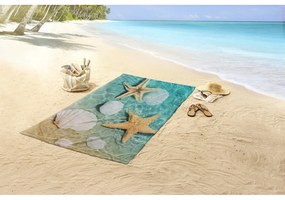 Синя-бежова кадифена плажна кърпа 100x180 cm Beachvibe – Good Morning