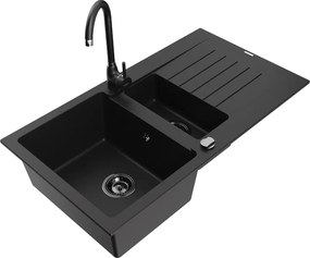 Mexen Matias гранитна мивка 1,5-камерна с отцедник и кухненски смесител Telma, черен - 6502-77-670200-70-B