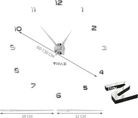 Декоративен стенен часовник,  3D цифри, безшумен механизъм, без рамка, регулируем 60-130см Ruhhy