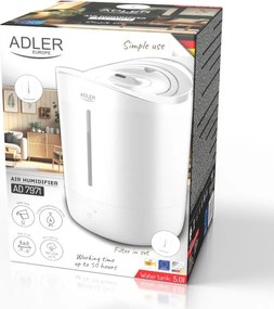 Овлажнител за въздух Adler AD 7971, 30W, До 20м2, 5 литра, 150-300 мл/час, Ултразвук, До 50 часа с едно пълнене, Бял