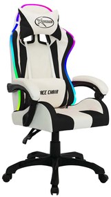 288005 vidaXL Геймърски стол RGB LED осветление бяло/черно изкуствена кожа