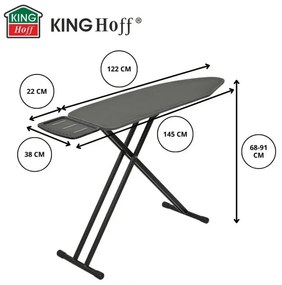 Маса за гладене Kinghoff KH 1940, 122x38 см, 7 позиции за регулиране, Поставка за парогенератор, Тъмносив