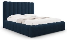 Тъмносиньо тапицирано двойно легло с място за съхранение с включена подматрачна рамка 180x200 cm Kelp – Micadoni Home