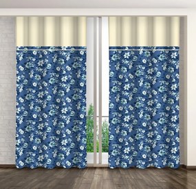 Синя завеса с принт на бели и сини цветя и кремав кант Ширина: 160 см | Дължина: 250 см