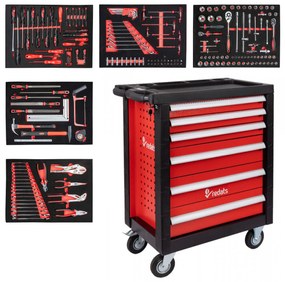 Професионална количка за работилница/кутия за инструменти 196бр - 6 чекмеджета Червено/Черно
