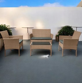 Елегантен ратанов градински комплект с маса с черно стъкло