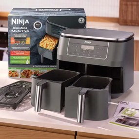 Двоен фритюрник с горещ въздух Ninja DZ300EU, 7.6 л, 6 програми, Таймер, Независими зони, Сив