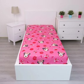 Розов еластичен памучен детски чаршаф 90x200 cm Minnie "Hearts" – Jerry Fabrics