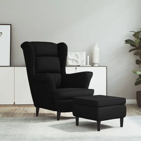 Фотьойл Wingback с табуретка, черен, кадифе