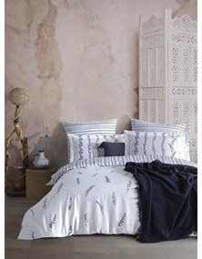 Бяло/синьо двойно удължено спално бельо от памучен сатен 240x220 cm Marseille Floral – Mila Home Luxury