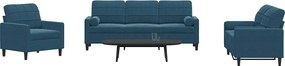 3278380 vidaXL Мека мебел от 3 части с възглавници и болстери син, кадифе