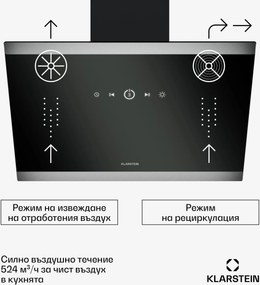 Klarstein Аспиратор FlashLine, A++, 524 m³/h, 3 нива, докосване, безшумен, LED, извличане / рециркулация, 100 W