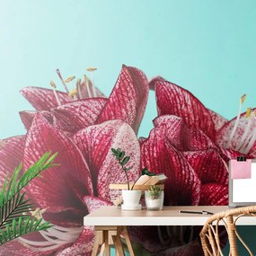 Самозалепващ фототапет – Екзотичен амарилис на тюркоазен фон