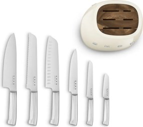 Комплект ножове със стойка SMEG KBSF02CR, 7 части, Слотове от акациево дърво, Немска неръждаема стомана, Крема