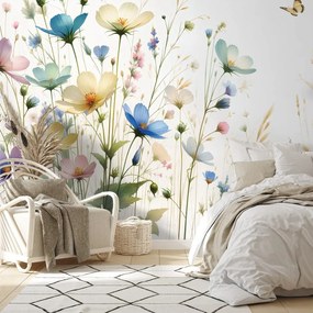 Самозалепващ тапет – Пастелни цветя и летящи пеперуди