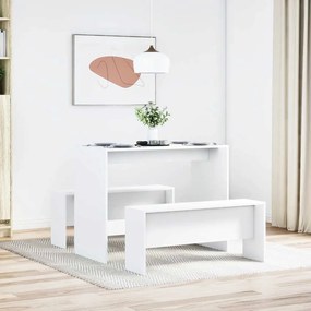 855530 vidaXL Комплект трапезна маса и пейки, 3 части, бял, инженерно дърво