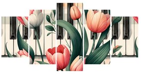 картини от 5 части – Пролетни тонове цветя върху клавиши на пиано