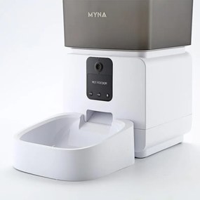Автоматичен SMART диспенсър за храна за кучета и котки MYNA, 5 л, Камера, WiFi приложение, Заключване на бутони, Суха храна, Бял/черен