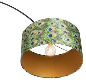 Ботаническа аркова лампа с черен кадифен абажур с дизайн на паун 50 см - XXL