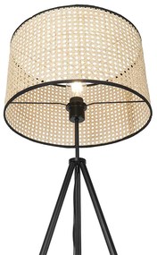 Ръстикална подова лампа триножник черна с ратан абажур - Kata