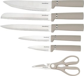Комплект ножове Klausberg KB 7978, 8 части, Неръждаема стомана, Стойка, Държач за кухненска хартия, Бежов