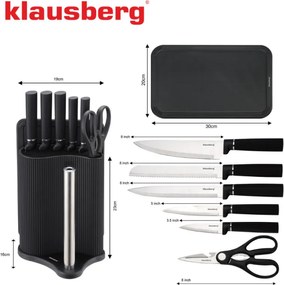 Комплект ножове Klausberg KB 7977, 8 части, Неръждаема стомана, Стойка, Държач за кухненска хартия, Черен