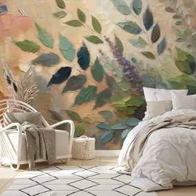 Самозалепващ тапет – Художествени зелени листа на бежов фон