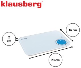 Кухненска везна Klausberg KB 7938, 5 Kg, Bluetooth, Мобилно приложение, LCD, ТАРА, 4 показателя, Течности, Индикатори, Бял/син
