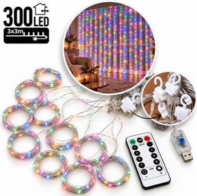 Коледна LED светлинна завеса 3 × 3 м с USB захранване – 300 светодиода студено бяло
