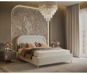 Кремаво тапицирано двойно легло с място за съхранение с включена подматрачна рамка 140x200 cm Mija – Maison de Rêve