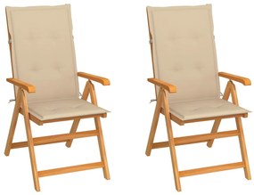 3062379 vidaXL Градински столове, 2 бр, бежови възглавници, тиково дърво масив