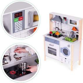Дървена детска реалистична кухня с LED светлина, звуци и аксесоари