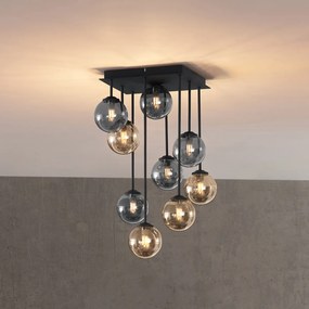 Модерна таванна лампа черна с кехлибарено и опушено стъкло 9-светлини - Атина