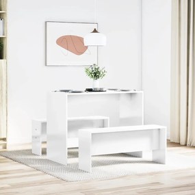 855534 vidaXL Трапезна маса и пейки, 3 части, бял гланц, инженерно дърво