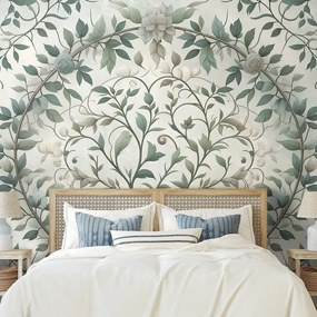 Самозалепващ тапет – Елегантни зелени листа с цветя