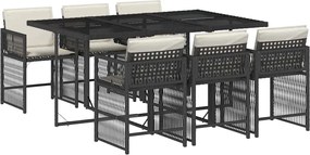 3211626 vidaXL Градински трапезен комплект 7 части възглавници черен полиратан