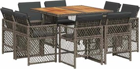 3210842 vidaXL Градински трапезен комплект 9 части с възглавници сив полиратан