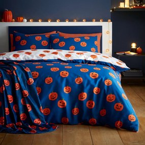 Синьо -оранжево одеяло с хелоуински мотив от микроплюш 130x170 cm Halloween Pumpkins – Catherine Lansfield