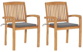3063253 vidaXL Градински столове, 2 бр, сиви възглавници, тиково дърво масив