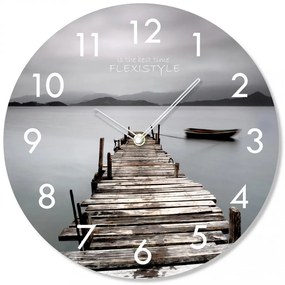 Кръгъл стъклен часовник с мотив на дървен кей, 30 см