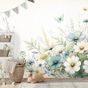 Тапет – Пастелни полски цветя и летящи пеперуди