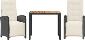 3212468 vidaXL Бистро комплект с възглавници 3 части черен полиратан