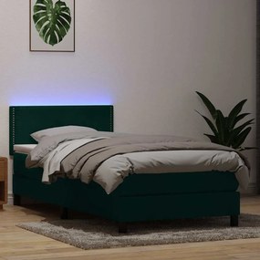3316776 vidaXL Боксспринг легло с матрак и LED, тъмнозелено, 100x210 см, кадифе