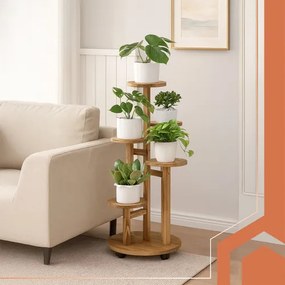 Дървена стойка за цветя - 6-етажна с колелца