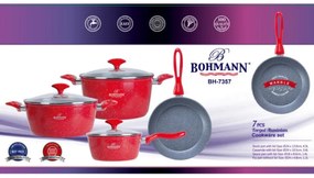 Комплект тенджери и тиган Bohmann BH 7357, 7 части, Мраморно покритие, Многослойно дъно, Индукция, Червен