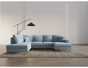 Светлосин кадифен разтегателен ъглов диван с място за съхранение (ляв ъгъл/U форма) Kyoto – Cosmopolitan Design