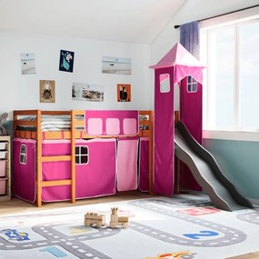 3309136 vidaXL Детско високо легло с кула, розово, 90x200 см, бор масив