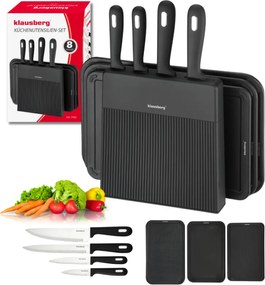 Комплект ножове и дъски за рязане Klausberg KB 7980, 8 части, Неръждаема стомана, Стойка, Черен/инокс