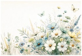 Тапет – Пастелни полски цветя и летящи пеперуди