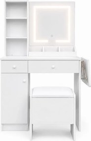 Луксозна тоалетка с LED огледало и табуретка – 2 чекмеджета, рафтове, шкафче
